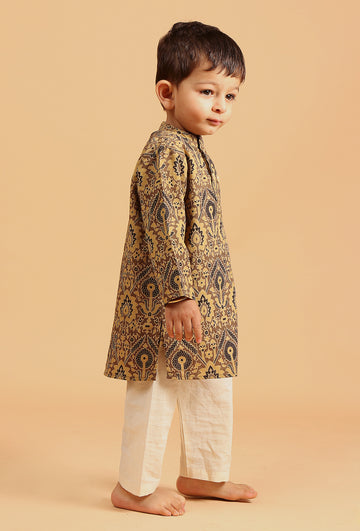 Set Of 2: Ativ Khaki Ajrakh Print Cotton Kurta & Off White Pyjama